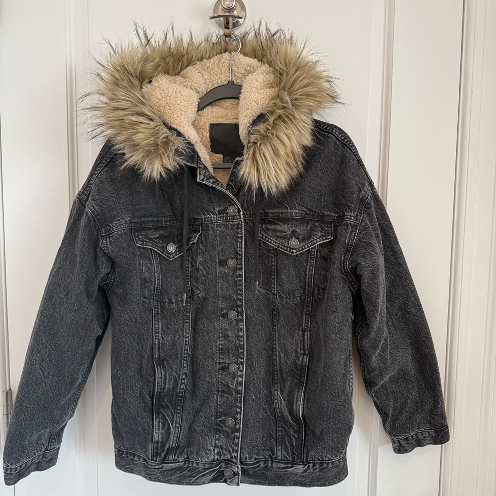 Black Denim Jacket with Faux Fur Hood NWOT